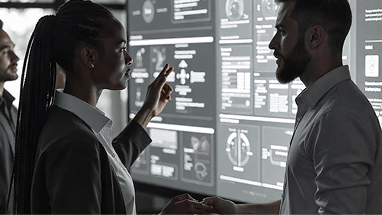 Business people discussing in front of screens
